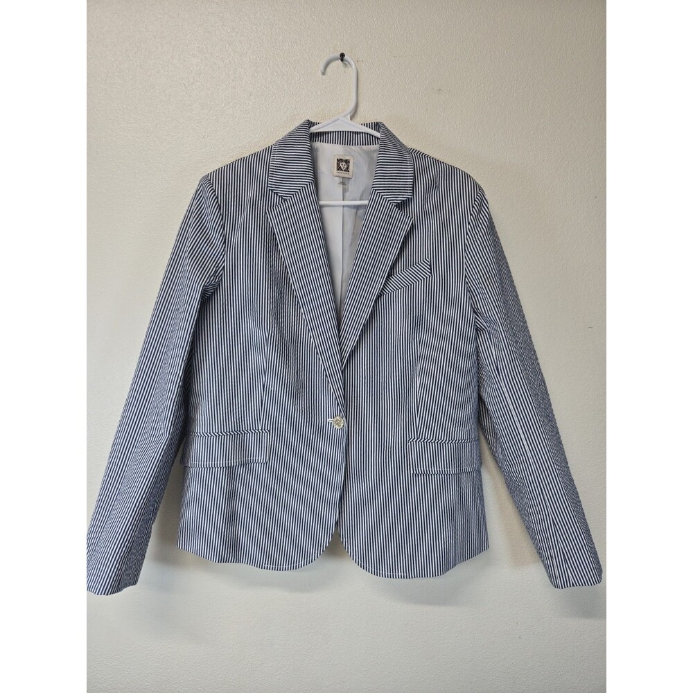 Anne Klein Navy White Seersucker 2-Piece Pantsuit Set Blazer L Pants 10